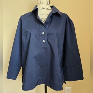 Hinson Wu Top Womens XL Blue Poplin Popover 3/4 Sleeve